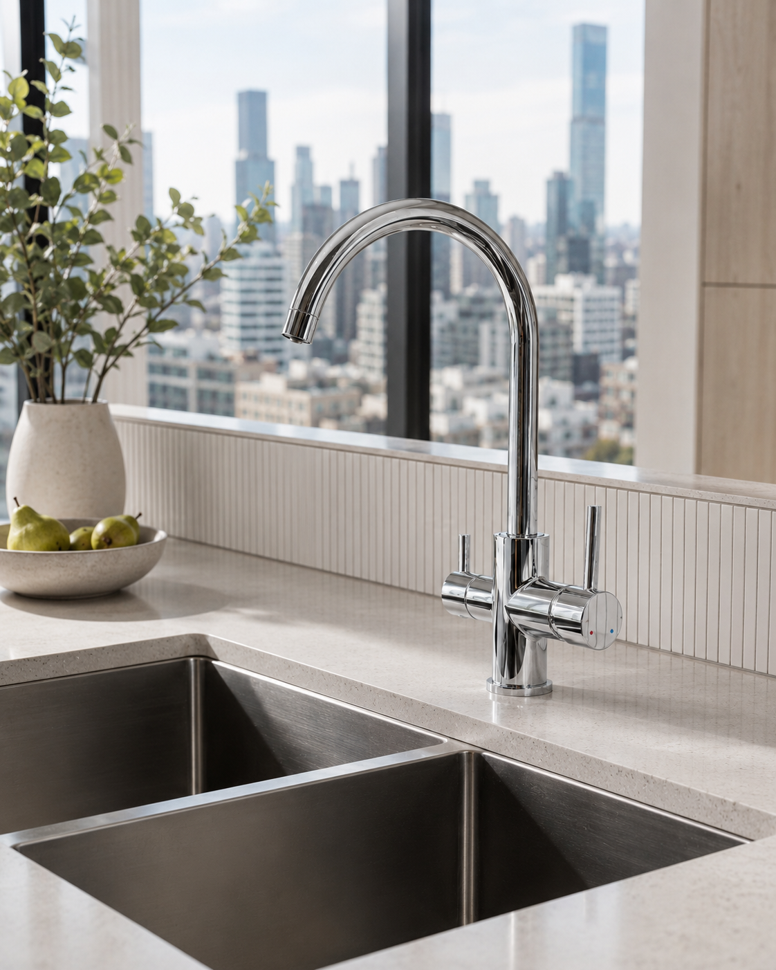 Modern kitchen sink with faucet in a cityscape view