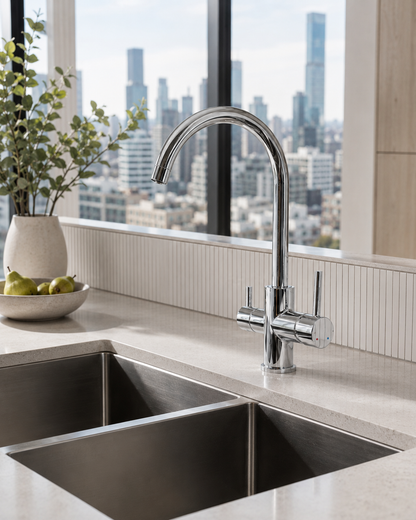Modern kitchen sink with faucet in a cityscape view