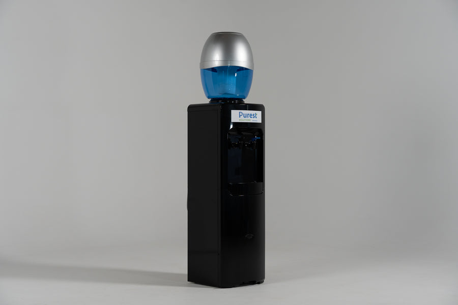 Black refillable water cooler detail — filtered cool and cold water Australia