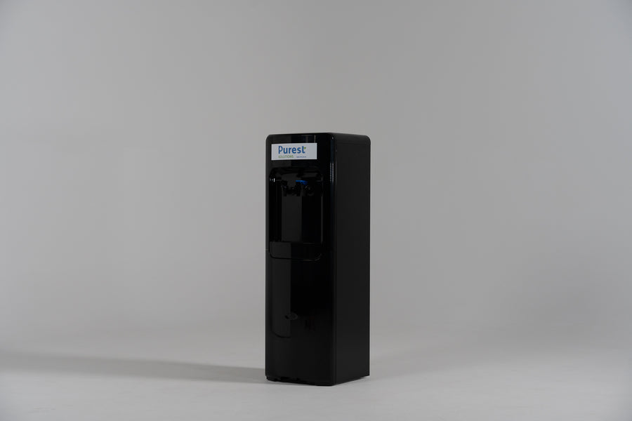 Black plumbed filtered water cooler — cool and cold mains-connected dispenser