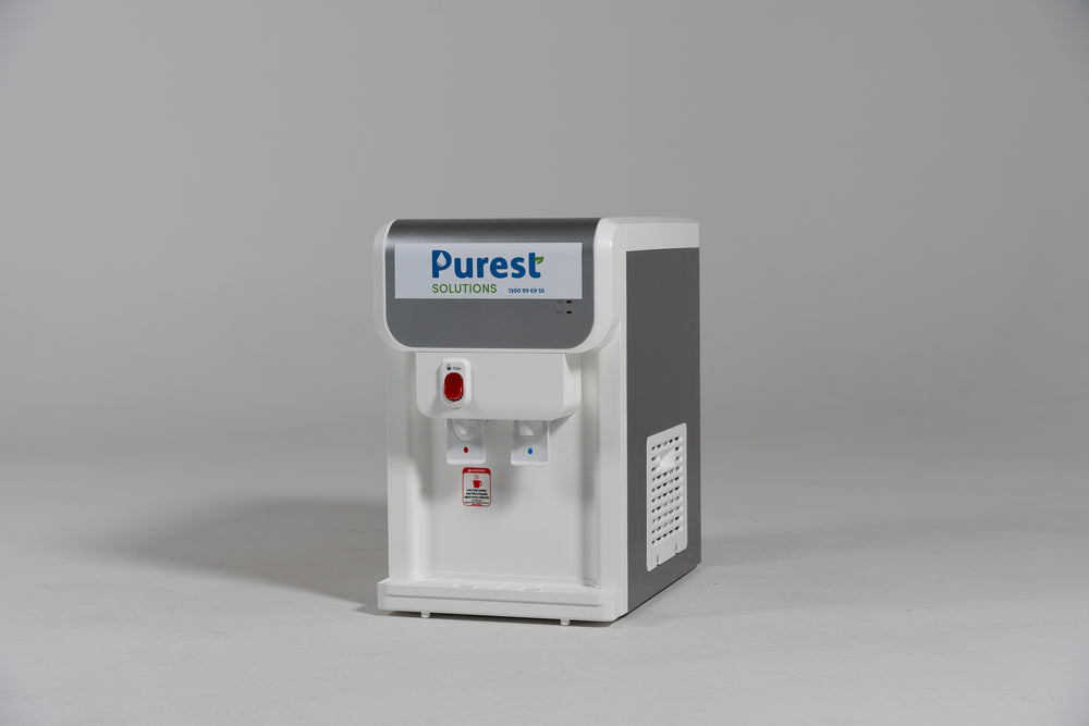 Benchtop plumbed water cooler white hot and cold — Purest Solutions Melbourne