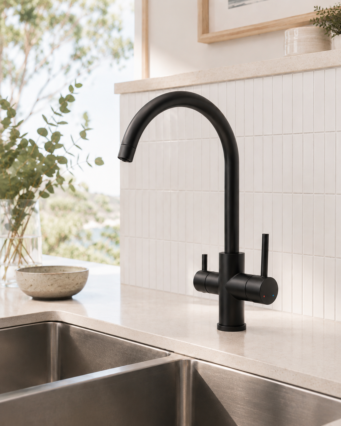 [Matte Black] 3-way matte black filtered mixer tap over a kitchen sink