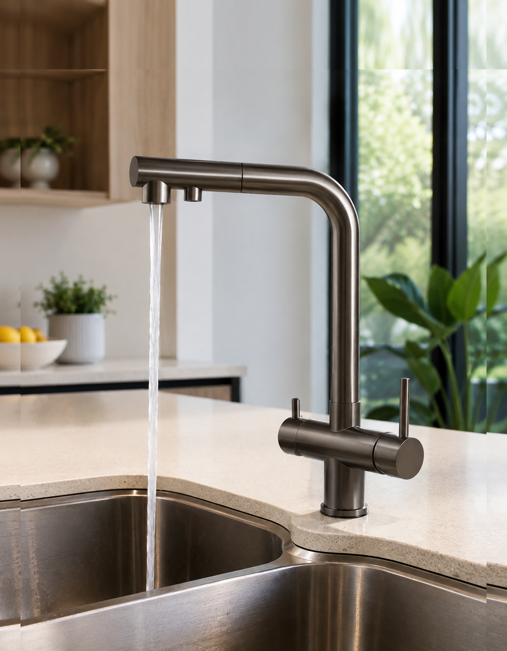 3-in-1 pull-out filtered mixer tap in gunmetal, dispensing water into a kitchen sink