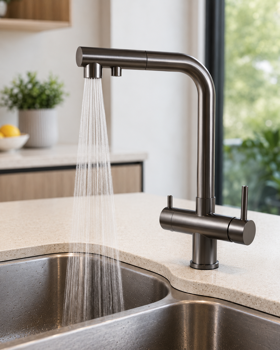 Gunmetal pull-out mixer tap in shower spray mode over a kitchen sink