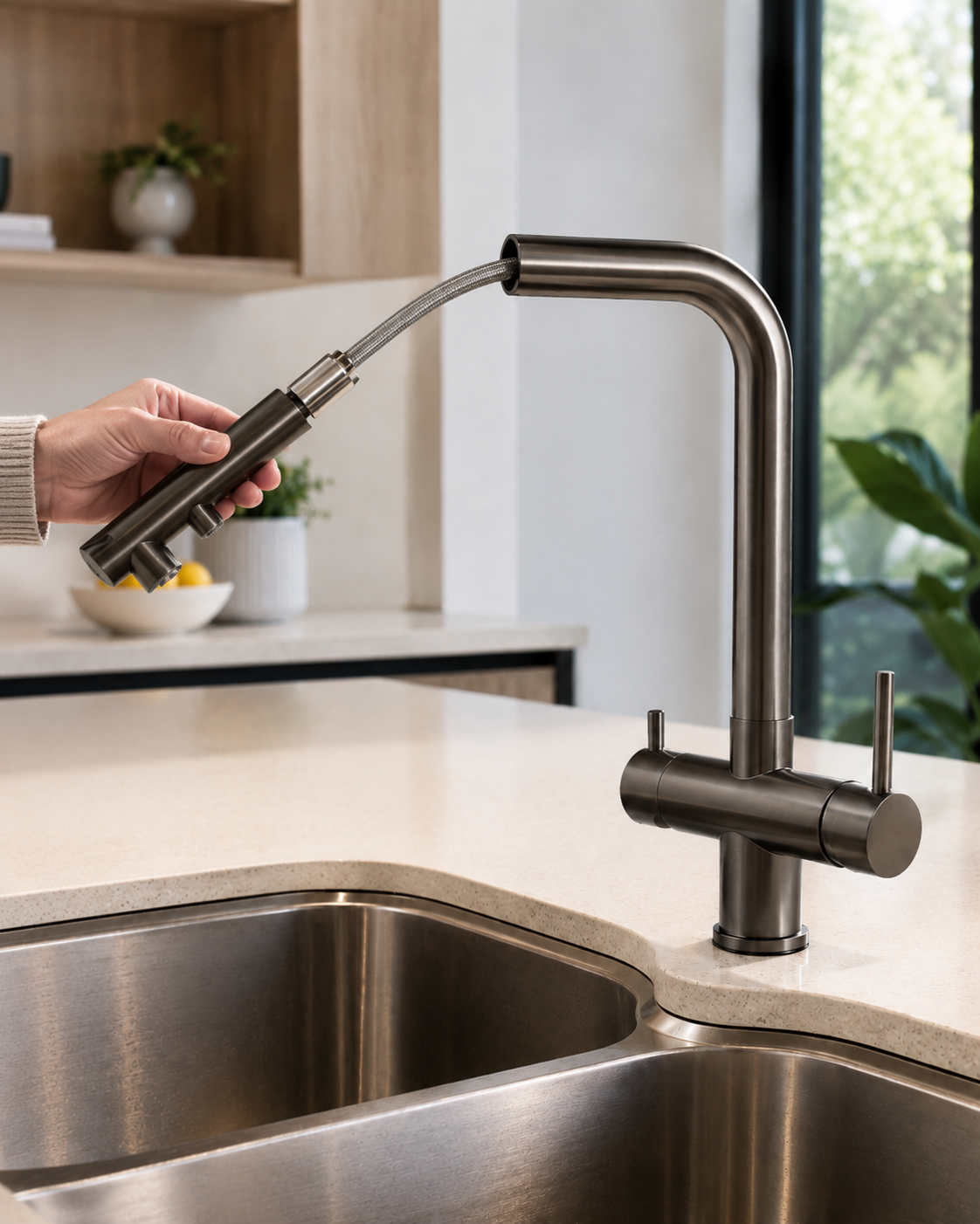Hand extending the pull-out spray head of the gunmetal mixer tap