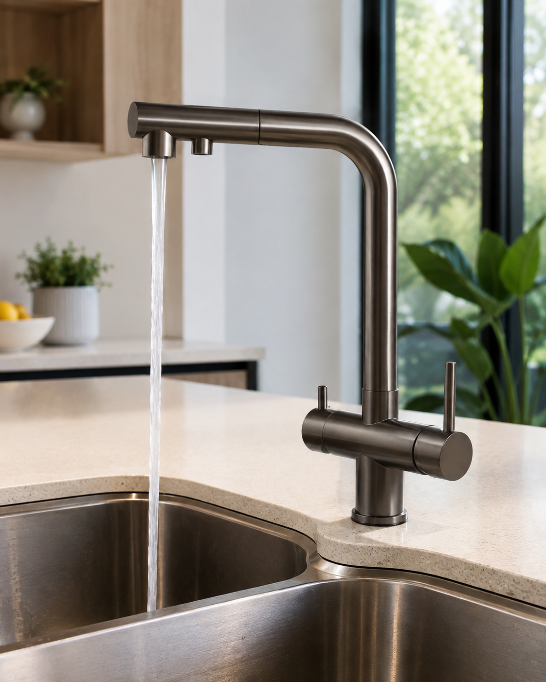 Purest Solutions pull-out filtered tap system installed in a kitchen