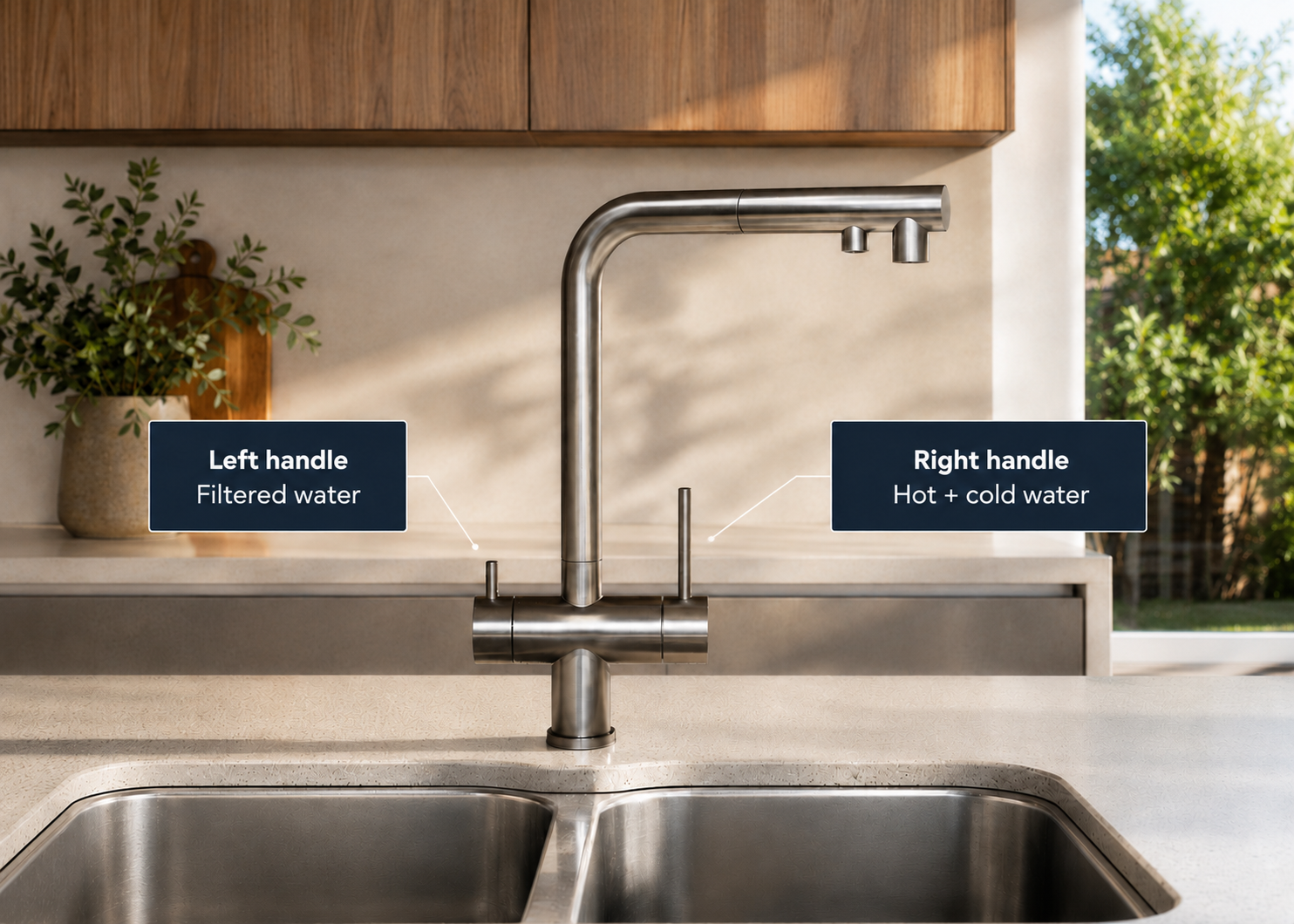 Filtered tap system handle layout showing left filtered-water handle and right hot/cold handle